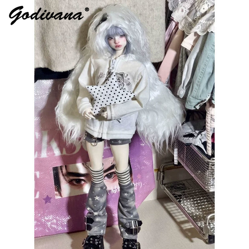 Bjd Doll 1 6 Full Set With Clothes - ชุดเสื้อผ้าตุ๊กตา BJD ขนาด 1/4 1/6 เสื้อแจ็คเก็ตซิปพิมพ์ลายกีตาร์แมวสไตล์