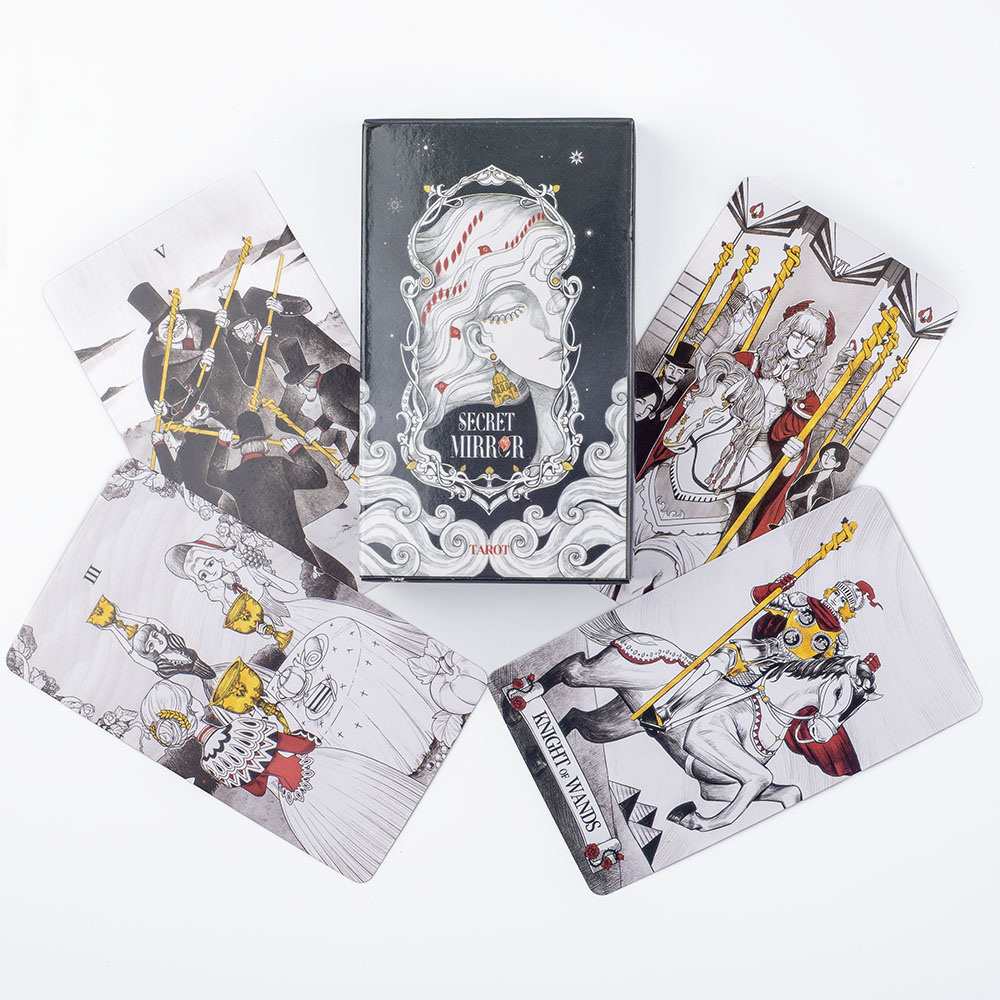Tarot Cards Deck With Guidebook - ไพ่ทาโรต์กระจกเงาลับ 10.3*6 ซม. ไพ่ทาโรต์ศิลปะแนวหญิงสาว พร้อมสัญลักษณ์อันล้ำค่าในโลกสีขาวดำ: ดำ,